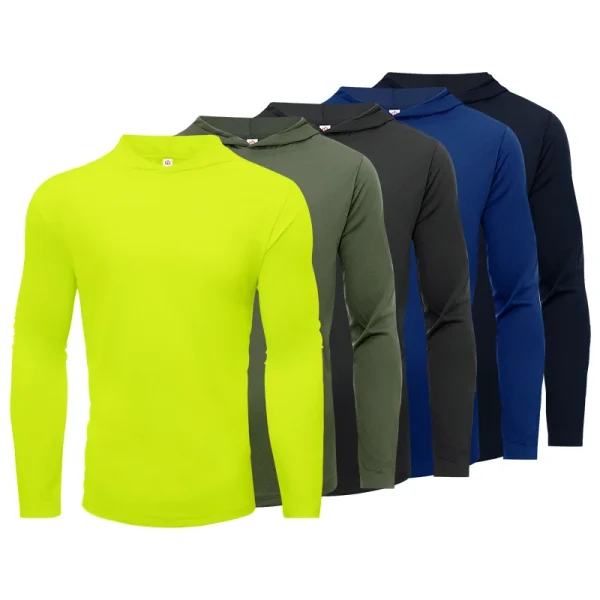 Men's five piece sports long sleeved T-shirt, hooded solid color breathable sports shirt, suitable for running and fitness - Image 3