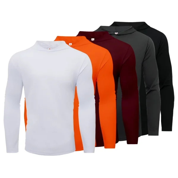 Men's five piece sports long sleeved T-shirt, hooded solid color breathable sports shirt, suitable for running and fitness - Image 2